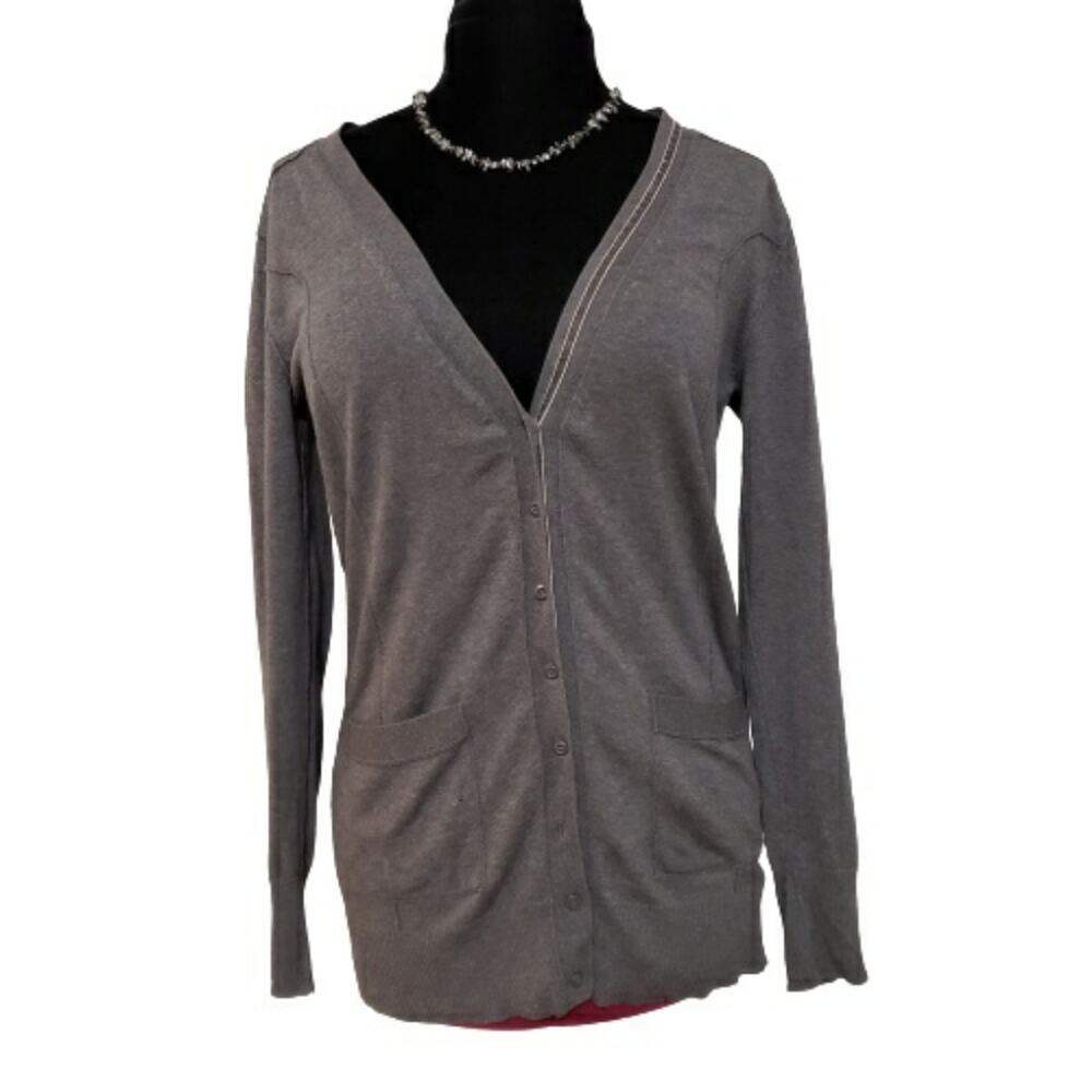 Shae Grey Button Plunging Long Sleeve V-neckline Cardigan Sweater L